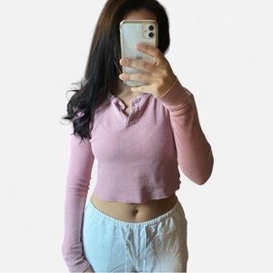 Wild Fable Pink Waffle Knit Long Sleeve Crop Top